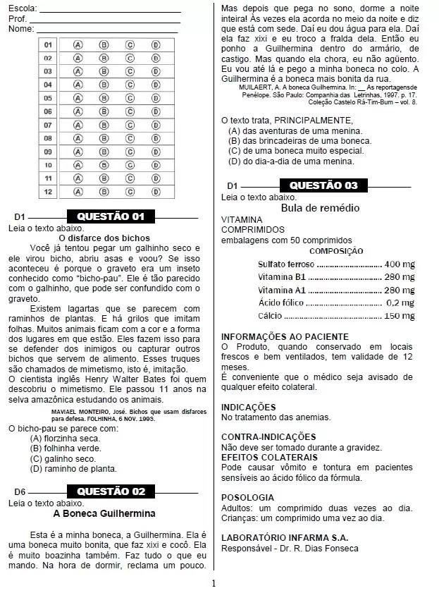 Questões da Prova Brasil em PDF com gabarito para imprimir.